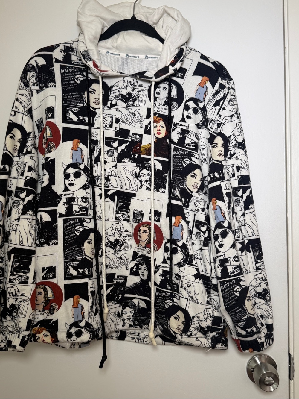 Peacebird Graphic Comic-Print Hoodie in Black & White with Accent Colors Large